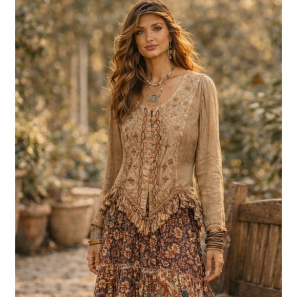 Lotus Fringe Hem Embroidered Boho Top Hippie Peasant Festival Fairy M Ethereal - Picture 2 of 7
